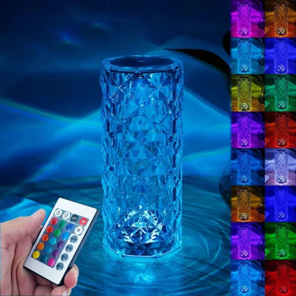 16 Colors Diamond Rose Crystal Touch Lamp | USB Rechargeable Acrylic Bedside Table Lamp with Remote - Image 8