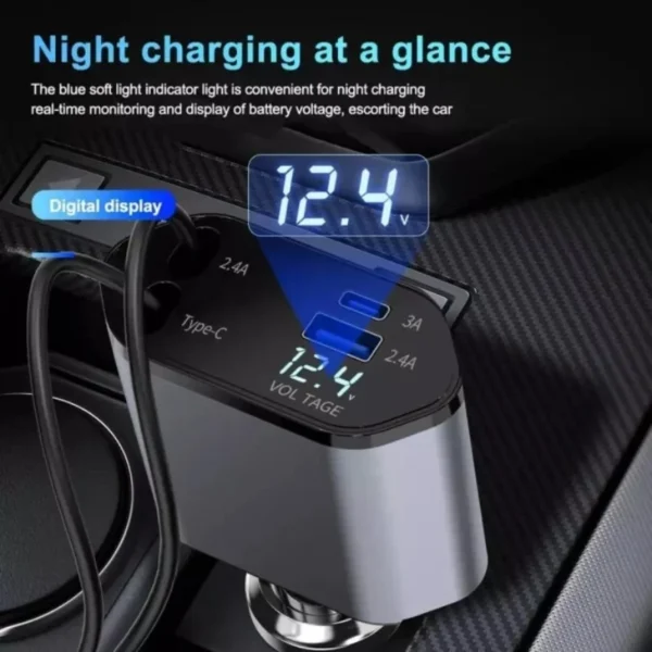 4-in-1 Retractable Car Charger | Dual Port USB-C PD Fast Charging - Image 4