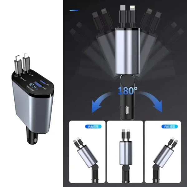 4-in-1 Retractable Car Charger | Dual Port USB-C PD Fast Charging - Image 2