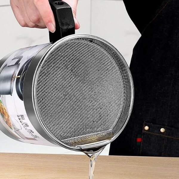 1.4l fryer oil filter pot | carbon steel body with stainless steel strainer & lid | kitchen oil storage jug