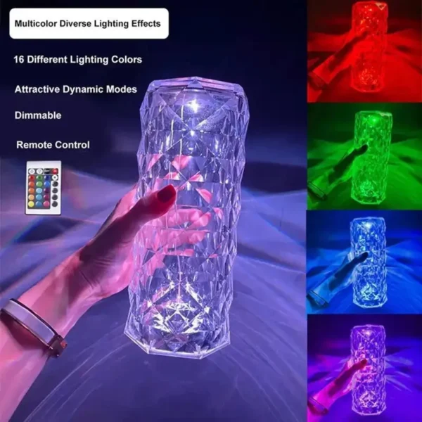 16 Colors Diamond Rose Crystal Touch Lamp | USB Rechargeable Acrylic Bedside Table Lamp with Remote - Image 4