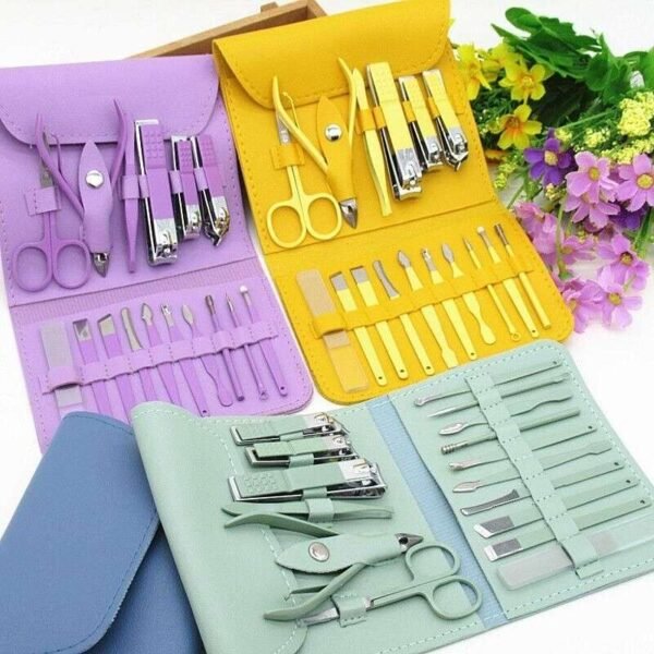 16 pcs stainless steel color coated manicure and pedicure set with leather case for travel and home use | random color