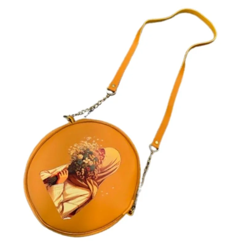 Round Retro Crossbody Handbag | Stylish Caramel Bag with Printed Artwork for Women