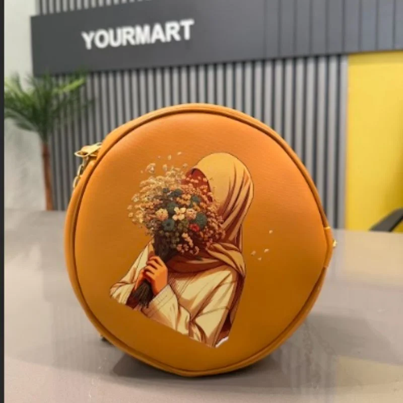 Round Retro Crossbody Handbag | Stylish Caramel Bag with Printed Artwork for Women - Image 4