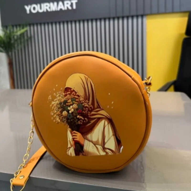 Round Retro Crossbody Handbag | Stylish Caramel Bag with Printed Artwork for Women - Image 5