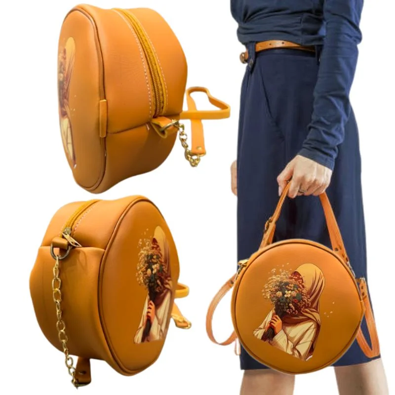 Round Retro Crossbody Handbag | Stylish Caramel Bag with Printed Artwork for Women - Image 6