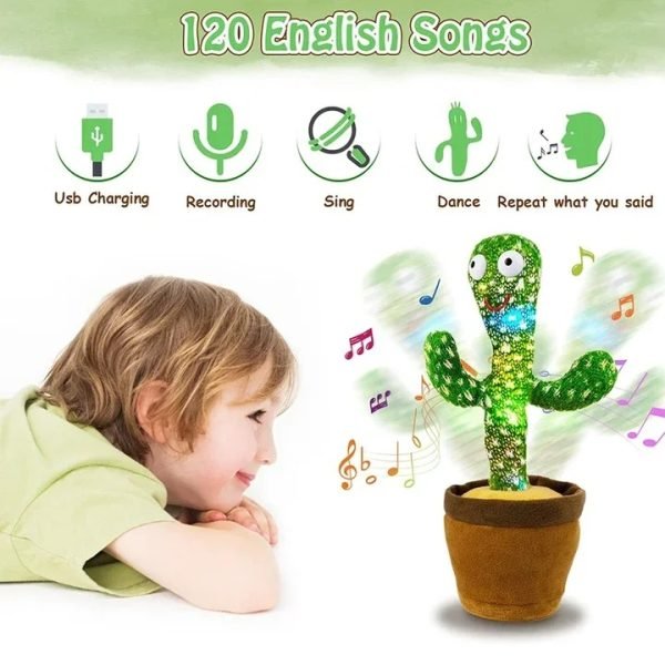 rechargeable dancing cactus toy with hat | interactive singing & talking plush for toddlers and kids